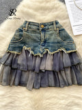 Yipinpay Fashion Sexy Mini Skirt Women Chiffon Ruffled Edge Patchwork Denim Skirts American Vintage A Line Hotsweet Skirt