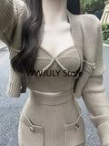 Yipinpay Knitted 3 Piece Set Woman Fashion Suit Casual Sweater Cardigan + Sexy Vest + Slim Bodycon Midi Skirt Office Lady 2024