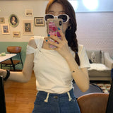 Yipinpay Sexy Off The Shoulder Crop Tops Short Half Sleeve T-shirt White Grunge Clothes 2023 Shirts for Women Summer Y2k Tshirt