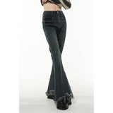 yipinpay Blue Women Jeans Tassels Flare Pants American Fashion Streetwear Style Wide Leg Jean Female Trouser Baggy Denim Pants