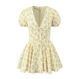 Yipinpay New Women Vintage Puff Short Sleeve V Neck Yellow Floral Print Dress Pleated Hem Female Holiday Summer Mini Robe