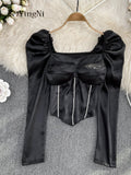 yipinpay Spring Autumn Korean Blouses And Tops Women Diamonds Elegant Fashion Blusas Ladies Puff Sleeve Vintage Tops Camisas