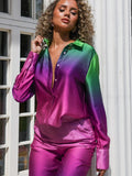 Yipinpay Loose Gradient Blouse 2 Piece Set Elegant Satin Long Sleeve Shirt Straight Pant Outfits 2023 Spring High Street Lady Suit