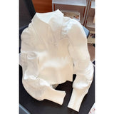 Yipinpay Turn Down Collar Blouse Women White Knitwear Tops Patchwork Blusas Mujer Wild Camisas 2023 Spring Shirt Women Chic