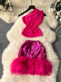 Yipinpay Hotsweet Women Fashion Suits Diagonal Collar Slim Tops+Mini Sequins Fur Skirt New Ins Club Party Sexy Two Pieces Sets