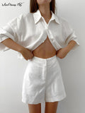 Yipinpay White Cotton Linen Shorts Sets 2-Piece Street Outfits Short Sleeve Shirt And Wide Leg Shorts Summer 2023 Ladies Suit