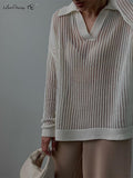 Yipinpay Casual Perspective Knitted Pullover Tops Women Lapel Loose White Blouses Autumn 2023 Casual Office Ladies Knitwear