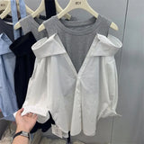 Yipinpay Shirts for Women Blusas Mujer Fake Two Shirt Loose Long Sleeve Off Shoulder Top Femininas Elegantes Spring T-shirts Pink