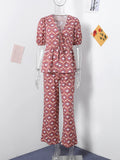 Yipinpay Flower Printed 2 Pieces Long Pant Sets For Women Elegant Short Sleeve Lace Up Shirt Wide Leg Trouser Summer Lady Outfits