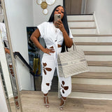 Yipinpay Women's Two-Piece Irregular Short-Sleeved Top And Lace Hole Trouser Suit Solid Color Ladies 2-Piece Set