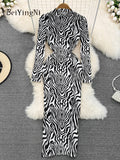 Yipinpay Stand Collar Long Midi Dress Woman Zebra Printed Vintage Y2K Partu Club Dresses Women Chic Korean Street Vestidos Lady