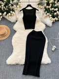 Yipinpay 2024 Retro Knitted Two Pieces Sets Sleeveless Short Top+High Waist Slim Long Skirts Female Summer Hotsweet Suits
