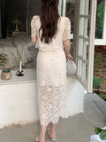 Yipinpay Outfits for Women 2023 Sweet Skirts Set New Lace Hollow Out Short Top Luxury Elegant White Long 2 Piece Skirt Set Women's 0406