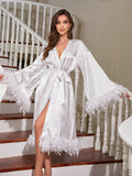 Yipinpay Women Feather Patchwork Trim Bathrobe Nightwear Solid Color Casual Soft Long Sleeve Robe Sleepwear Ladies Loungewear