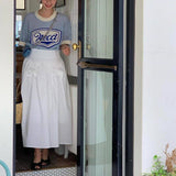 Yipinpay Letter Print Crochet Top Women Korean Dongdaemun 2023 Summer Knit T-shirt Contrast Hollow Short Sleeve Tee Knitwears