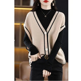 Yipinpay and Winter V-neck Knitted Cardigan Vest Women Contrast Color Loose and Versatile Sleeveless Tank Top Sweetheart Vest