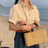 Yipinpay Mujer De Moda 2023 Cargo Office Lady Vintage Blouse Lapel Vertical Stripe Shirt Short Sleeved Loose Casual Top Y2k Grunge