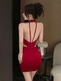 Yipinpay Woman Dress Sleeveless Halter Velvet Patchwork Mesh Hollow Out Slim Stretch Backless Party Dresses Elegant Female