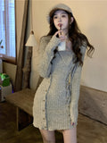 Yipinpay Bodycon Knitted Dress Casual Woman Pure Color One Piece Dress Korean Fashion 2023 Autumn Elegant Sexy Y2k Mini Dress Woman