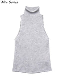 Yipinpay Diamond Turtleneck Vest Women's Grey Sleeveless Pullover Sweater Vest 2024 Spring Fashion Ladies Crop Tops Streetwear