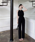 Yipinpay Lady Elegant Hanging Neck Off Shoulder Round Neck Jumpsuit Women's Sleeveless High Waist Slim Fit Wide Leg Jumpsuit Pants