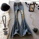Yipinpay Vintage Perforated Big Flare Jeans Women Autumn New High Waist Spicy Girl Slim Fit Fishtail Floor Dragging Pants Female