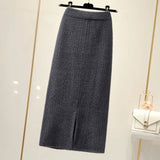 Yipinpay velvet skirt female autumn and winter mid-length knitted one-step skirt split straight winter skirt casual solid long skirt