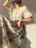 Yipinpay Lady Elegant Floral Midi Dress Formal One Piece Dress Korean Party Beach Long Sleeve Casual Dress Woman 2023 Summer Chic