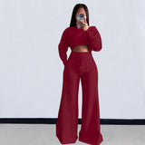 Yipinpay Fashion Women's Two-Piece Long Sleeve Short Top And Wide Leg Pantsuit Spring Solid Color Comfortable Ladies 2-Piece Set