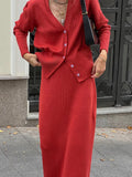 Yipinpay Knit Solid 2 Piece-Set Maxi Skirt For Women Slim V-Neck Fashion Long Sleeve Cardigan And Long Skirt Sets Ladies Outfits