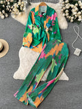 Yipinpay Female Fashion Print Two Pieces Suits Bow Bandage Long Sleeve Tops+Casual Wide Leg Pants Streetwear Autumn Retro Sets