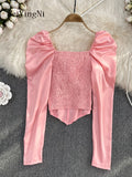 yipinpay Spring Autumn Korean Blouses And Tops Women Diamonds Elegant Fashion Blusas Ladies Puff Sleeve Vintage Tops Camisas