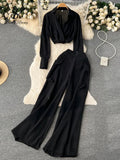 Yipinpay Spring Fashion OL Two Pieces Suits Lapel Neck Blouse+Pocket Wide Leg Long Pant 2024 Women Streetwear Retro Casual Sets