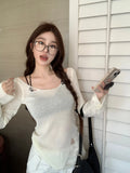 Yipinpay Korean Style Long-sleeved Ripped Thin Knitted Sunscreen Blouse T-shirt Tops With Small Tube Top Fashion Women's Clothing