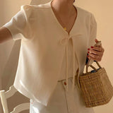 Yipinpay Tweed Coat Round Neck Tie Bow Bubble Sleeve Coat Korean Femme Jaqueta Feminina Slim Crop Top Summer Jacket Women Suit