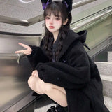 Yipinpay New Cute Soft Girl Cat Ears Hoodies Sweatshirt Women Thicken Loose Mid Length Top Embroidery Hooded Lamb like Coat Women