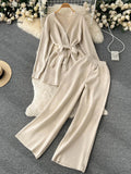 Yipinpay Winter Casual Two Pieces Suits Long Sleeve Knitted Cardigan Coat+Elastic Waist Wide Leg Pant Female Loose Sweater Sets