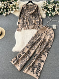 Yipinpay Hoodie Sporty Suits Zipper Loose Cardigan+High Waist Wide Legs Long Pants 2024 Autumn Women Fashion Print Casual Sets