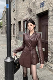 Yipinpay Sweet Hot Girl Versatile Leather Coat Women's Winter Long Sleeve Casual PU Leather Lace-up Trench Jacket Female Clothes