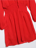 Yipinpay Ruffled Red Dress For Women 2024 Lace Up V Neck Long Sleeve Robe Vintage Elastic Waist Party Mini Dresses