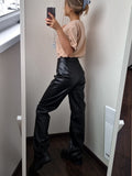 Yipinpay Vintage Brown Pu Pants Women Winter High Waist Wide Leg Pants Warm Pleated Floor-Length Office Ladies Solid Trousers