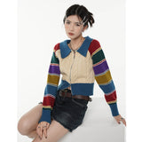 yipinpay Women Green Stripe Short Sweater POLO Collar Color Contrast Fashion Retro Lazy Wind Winter Long Sleeves Knitting Cardigan Coat