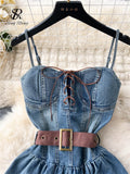 Yipinpay Fashion Streetwear Denim Dress Spaghetti Strap Cross Lace Up Bow Belt Zipper Pleated Women American Vintage Mini Dress