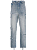yipinpay Jeans Star Patchwork Pant Women Straight Leg Denim Pants Pocket Low Rise Vintage Casual Streetwear Baggy Jean 90s