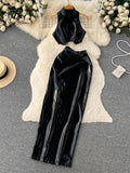 Yipinpay Summer Fashion PU Leather Slim Suits Sleeveless Short T Shirt+Shiny Long Skirt Sets Vacation Sexy Two Pieces Sets