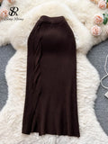 Yipinpay Women Solid OL Knitted Skirt 2024 Temperament High Waist Cross Design Fashion Bodycon Winter Midi Long Sweater Skirt