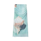 Yipinpay Print Tulle Skirt Woman High Waist Mesh Midi Skirt With Slit Ruched Stylish Long Skirts For Women Fashion 2023 Summer Skirt