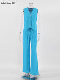 Yipinpay Office 2 Pieces Sets Elegant Cotton Linen V-Neck Sleeveless Button Vest Outfit Summer High Waist Wide Leg Pants Sets