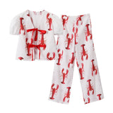 Yipinpay Cartoon Cray Print Long Pants Sets Women's Summer Lace Up Short Sleeve Shirts Wide Leg Pants 2 Piece Sets Lady Outfits