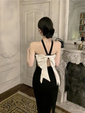 Yipinpay Dresses Women Backless Bow French Style Sleeveless Slim Stretch Halter Slash Neck Hollow Out Vintage Sexy Elegant Dress